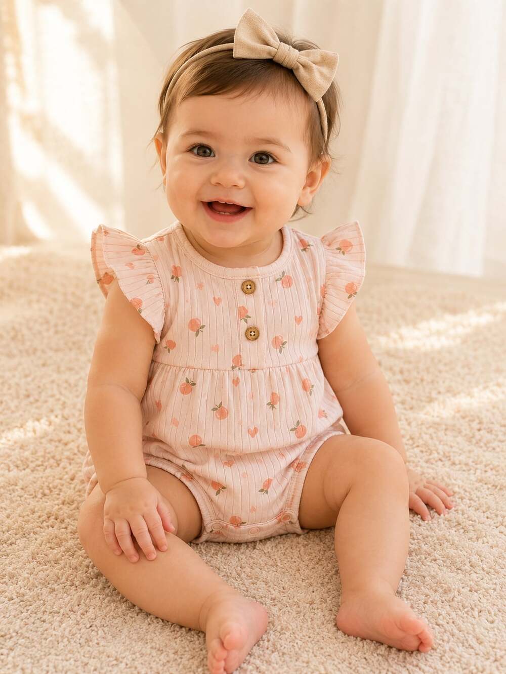 Willow + Whimsy Baby Girl Ribbed Peach and Heart Print Ruffle Romper - Picture 1 of 4